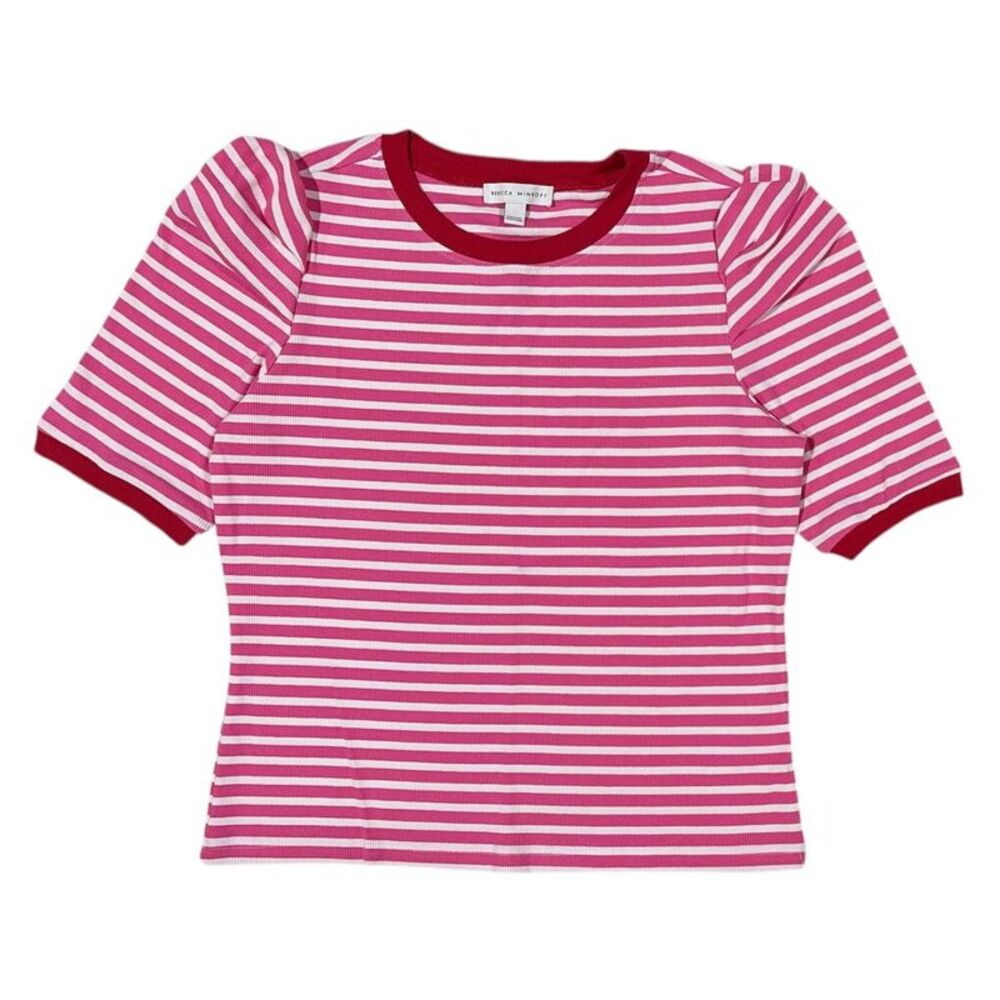 Rebecca Minkoff Women's Regular Fit Soft Rib Knit Puff Sleeve Top - Pink Stripe